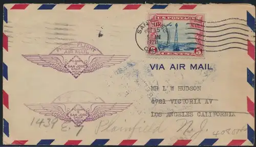 Flugpost USA Erstflug air-mail letter San Jose California Los Angeles