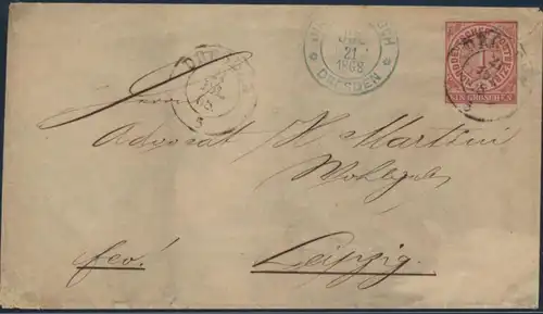 Norddeutscher Bund Brief 4 Dresden nach Leipzig blauer K2 21.7.1868