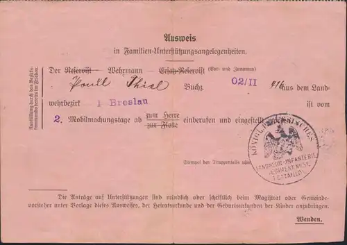 Militaria Zeitdokument Ausweis Familien Unterstützung Preuß. Landwehramt Breslau
