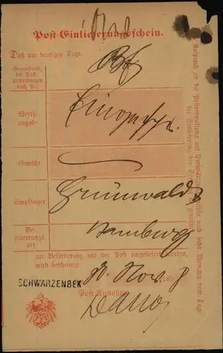 Altdeutschland Schleswig Holstein L1 Schwarzenbek auf Post-Einlieferungsschein