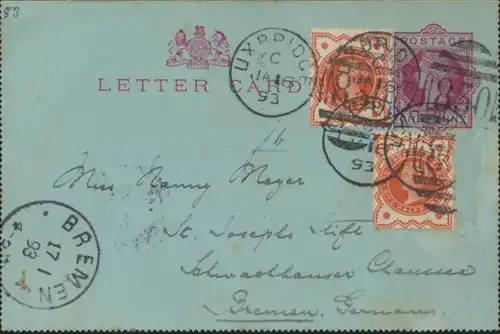 Großbritannien Ganzsache Kartenbrief K1 Victoria ZUF 2x 86 Uxbridge Bremen 1893
