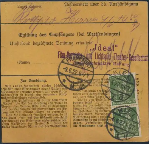 Deutsches Reich Paketkarte Eilboten MIF 148, 156 II157 I 167 Paar Kiel Frankfurt