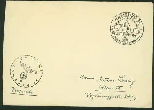 Deutsches Reich Postsache Brief SST Hamburg Die Post im Kriege Ausstellung 1940