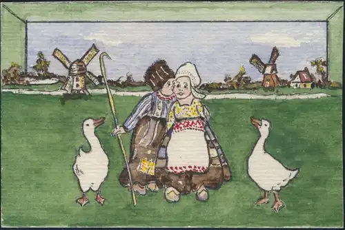Ansichtskarte Windmühle Kinder Tiere Gänse handgemalt