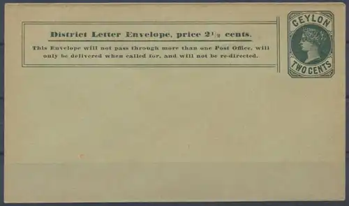 Sri Lanka Ceylon Ganzsache Umschlag 29 a Queen Victoria 2c grün 1894