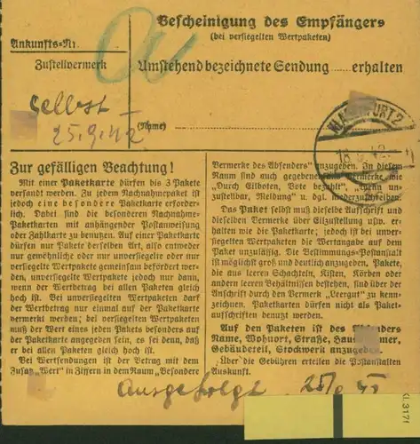 Deutsches Reich Paketkarte verwendet Wien Österreich Klagenfurt 1942