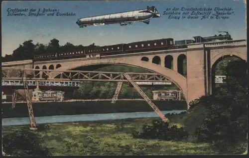 Ansichtskarte Elberferld Zeppelin Eisenbahn Schweb + Straßenbahn Brücke Parey