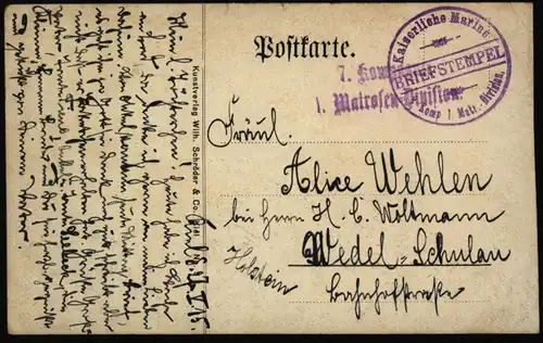 Anischtskarte Kiel Studentenheim Marine Schiffspost 1915 nach Wedel Schulau