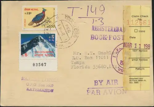 Nepal Brief Einschreiben Flugpost MIF 382+437 Kathmandu nach Tampa Florida