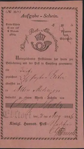 Altdeutschland Hannover Aufgabeschein L1 Ebstorf Königl Post Administration 1846