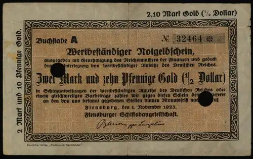 Geldschein Banknote Notgeld Flensburg Schiffsbaugesellschaft 2,10 Mark Gold F005
