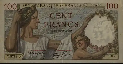 Geldschein Banknote Frankreich 100 Cent Francs 1940 III. VF 94
