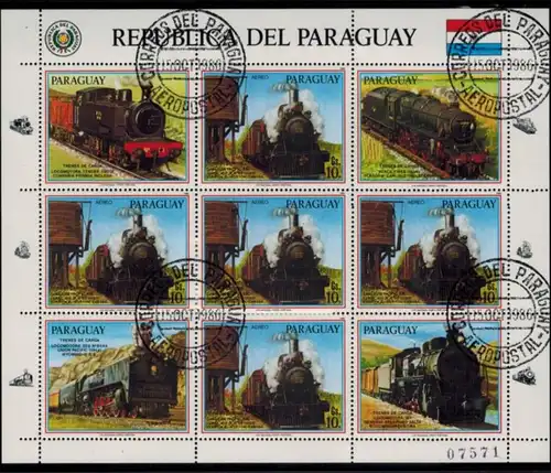 Paraguay 3994-3996 & 4025-4027 zwei Kleinbögen Eisenbahn 1986 gestempelt