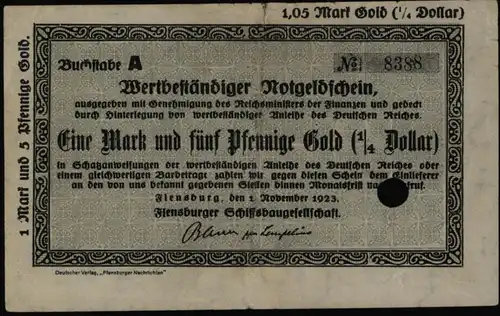 Geldschein Banknote Notgeld Flensburg Schiffsbaugesellschaft 1,05 Mark Gold F005