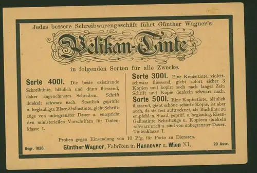 Deutsches Reich Privatganzsache PP 8 B 8 03 Reklame Pelikan Wagner Hannover