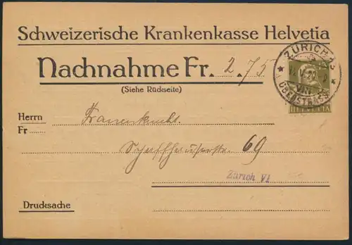 Schweiz Brief Vordruck Nachnahmekarte EF 139x 13c Tell Zürich 1920