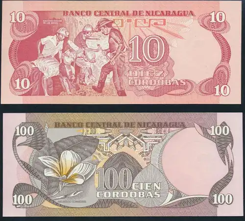 Geldschein Banknote Nicaragua P-134/141 10+100 Cordobas Serie E+F bankfrisch UNC