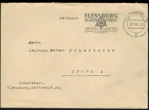 Feldpost II. WK Deutsches Reich mit Stempel Schiffsruder Flensburg 9.11.1941