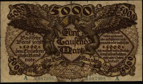 Geldschein Banknote Notgeld Baden 8 b  5000 Mark Mannheim 1.12.922 IV.