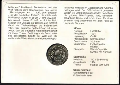 Bundesrepublik Numisbrief Fußball WM in den USA 1994 mit 1/2$-Münze
