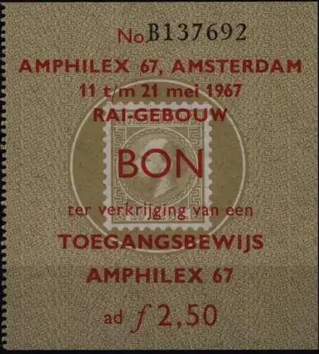 Niederlande Ticket Eintrittskarte Amphilex  Briefmarkenausstellung 11-21.5.1967