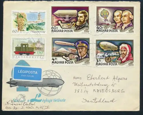 Ungarn Brief ex 3230-36 u.a. Flugpost Zeppelin auf schön gestalteten Umschlag