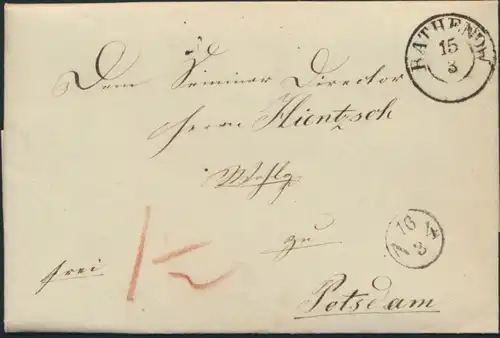 Altdeutschland Preußen Vorphila Brief Rathenow n. Berlin Schule Lehrer 15.3.1847