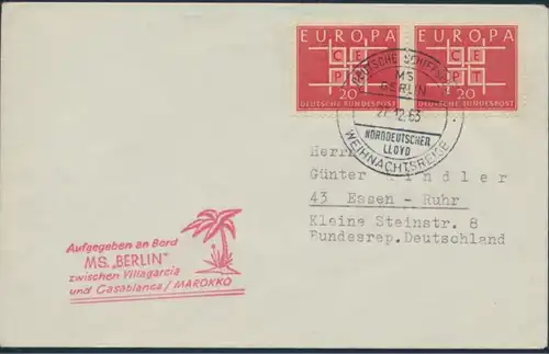 Bund Brief Schiffspost 407 Paar MS Berlin SST Norddeutsche Lloyd Weihnachtsreise