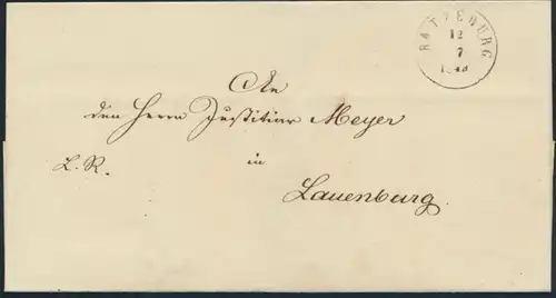 Schleswig Holstein Vorphila Brief mit K2 Ratzeburg nach Lauenburg 12.7.1849 rs.
