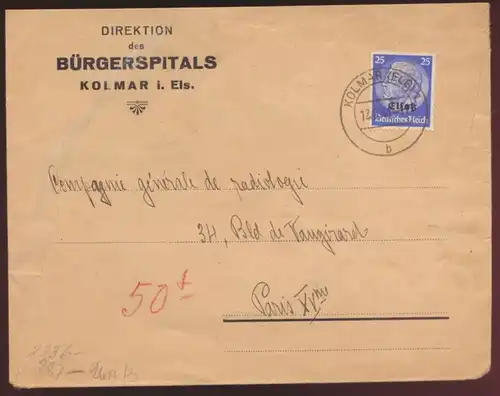 Besetzung 2. Weltkrieg Elsaß Zensur Brief EF 25 Pfg. Aufdruck Hindenburg