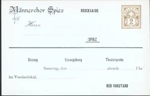 Schweiz Ganzsache 2c Kreuz ü. Wertschild Eindruck Männerchor Spiez Gesang Musik