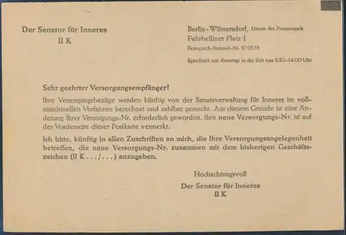 Berlin SW 11 Gebühr bezahlt Vordruckkarte Versorgungsamt nach Mariendorf