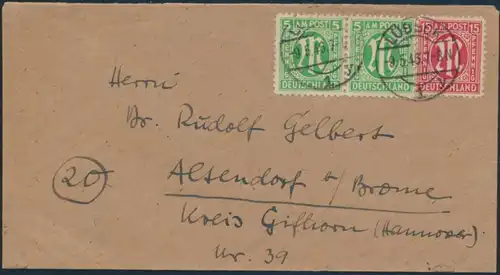 Bizone AM-Post Brief MIF19 B Paar +24 A Lübeck nach Altendorf bei Brome 9.5.1946