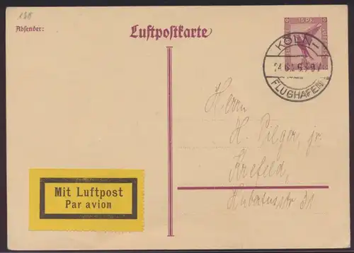Flugpost air mail Ganzsache postal stationery Köln Flughafen 24.6.1926