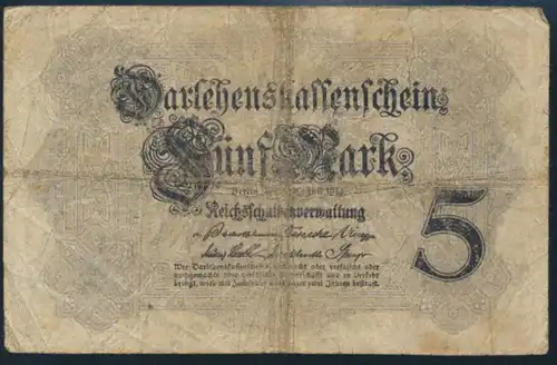 Geldschein Banknote 5 Mark Ro: 48b 05.08.1914