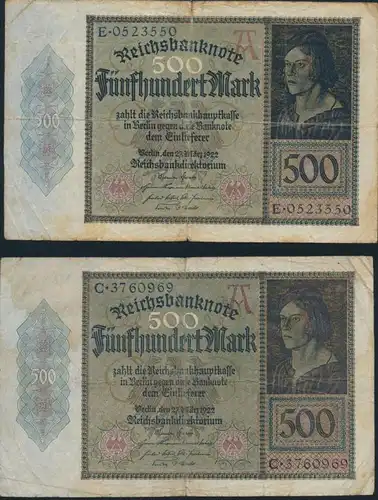 2x Geldscheine Banknoten 500 Mark IV. 27.03.1922