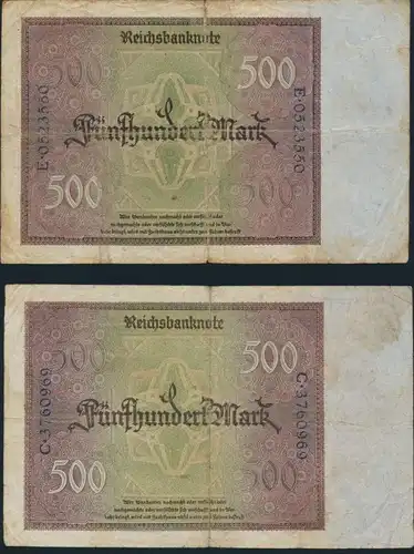 2x Geldscheine Banknoten 500 Mark IV. 27.03.1922