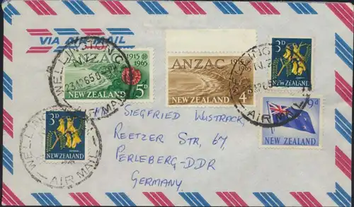 Neusseeland Brief Luftpost MIF 396+401+437-438 Flagge Wellington nach Perleberg