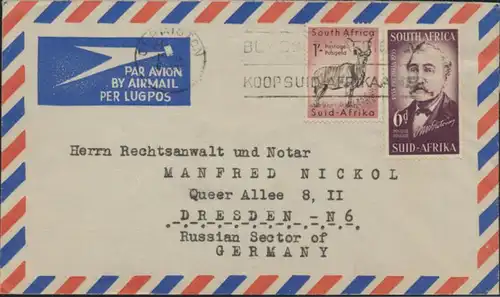 Brief Südafrika Luftpost MIF 247+254 Germiston nach Dresden 24.1.1956