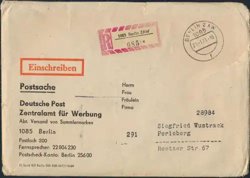 DDR R - Brief Postsache Stempel + R-Zettel Berlin ZAW 1085 nach Perleberg