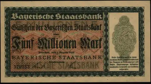 Geldschein Banknote Notgeld Bayern 219 5 Mio.Mark Staatsbank 1.8.1923 - I.