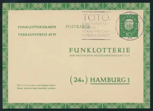 Bund Ganzsache FP 7 a Funklotterie TOTO Fernsehlotterie Kiel 1960 n. Hamburg