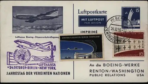 Berlin Flugpost Privat Ganzsache UNO Lufthansa Boeing selt. Vignette Berlin USA