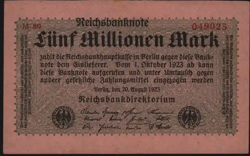 Dt. Reich Geldschein Reichsbanknote Infla 5 Mio. 104 Propganda-Aufdruck der Jude