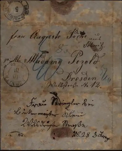 Altdeutschland Sachsen Brief Sebnitz markenlos 1860  nachtaxiert nach Dresden
