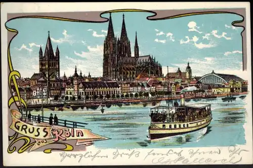 Ansichtskarte Köln Litho Jugendstil 1905 nach Ehrenfeld Schiff Rhein