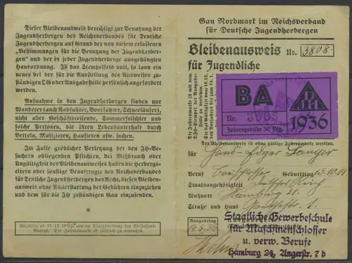 Jugendherberge Bleibenausweis Gau Nordmark Staatliche Gewerbeschule Hamburg 1936