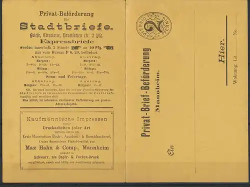 Stadtpost Privatpost Ganzsache Klappkarte P 1 Mannheim Reklame Max Hahn & Comp.