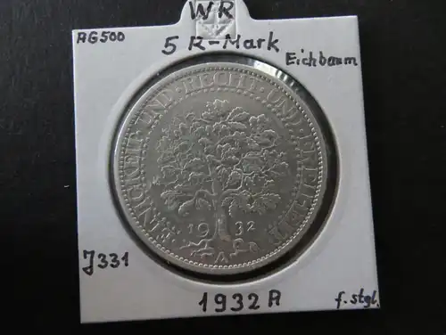 Münze Deutsches Reich Weimar 1932 5 RM Eichbaum Buchstabe A vz-stgl. J 331