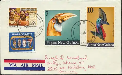 Papua Neuguinea Brief Luftpost MIF 245+269+272-273 Lae n. Perleberg Tiere Vögel